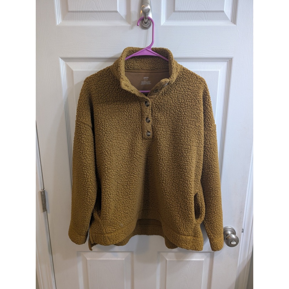 Aerie Sherpa Fleece Pullover‎ Jacket Camel Brown Snap Neck Oversized -  Size S